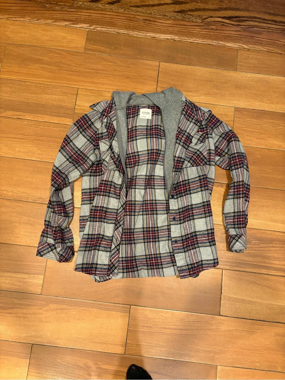 Ci Sono Gray Hooded Plaid Jacket with Burgundy & gray